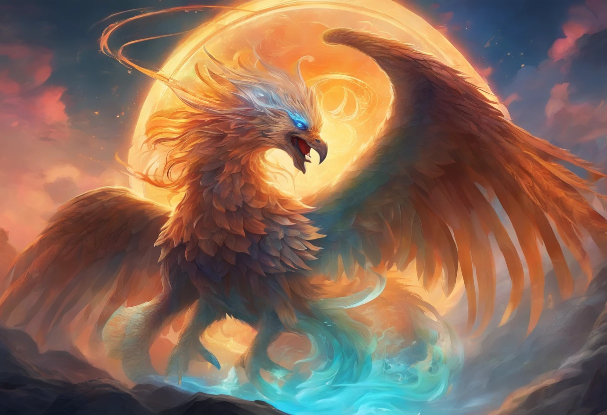 mythological creatures,((Chinese mythology fire phoenix)),Traditional Chinese elements,Ancient murals,Illustrative myths,Fuyao Legend,Dappled light,Hazy haze,mystical aura,tmasterpiece,k hd,Rich in color,Detailed details,Seven colors