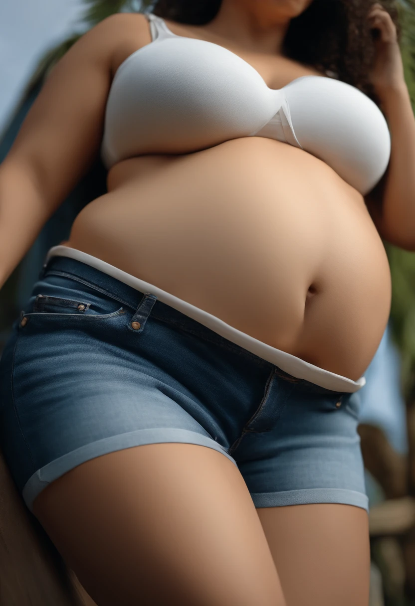 (best quality,4k,8k,highres,masterpiece:1.2), ultra-detailed, (realistic,photorealistic,photo-realistic:1.37), close-up of a woman's flat tummy, exposed belly button, visible belly, sensual body with a sexy, round, and plump belly, she has a visible, trembling and bloated belly, bratop and jeans emphasized her round and chubby belly, pregnant belly, expandable stomach, the woman is curvy with a visible stomach, a large stomach with folds of abdominal sagging, the woman is bent, visible stomach