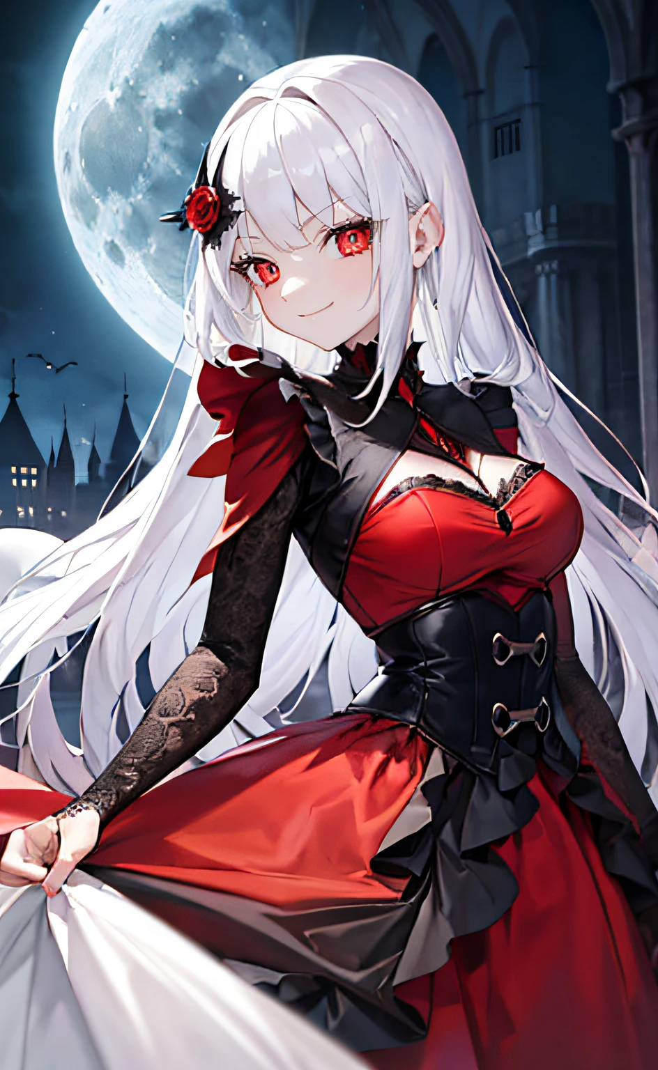 vampire,masterpiece, best quality, ultra-detailed, illustration, ultra-detailed face, best quality face, evil, 30 years old, adult, 1girl, 30 years old, no human, white hair, intricate detailed outfit, full moon, gothic setting, smile, confident, flowing red dress,elegant