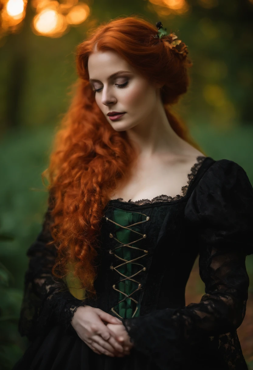 Portrait Getting Professional Photography Redhead Woman Pale Ginger Orange, branca, Slightly blurred background in the forest with medieval costumes Black dress with lace Witch costume with black cat in hand and halloween pumpkin on the ground 8K Green and Orange Hot Lights, de outono ao redor. Sun among the trees at dusk