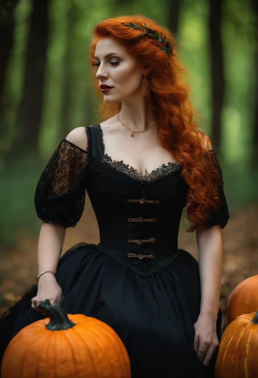 Portrait Getting Professional Photography Redhead Woman Pale Ginger Orange, branca, Slightly blurred background in the forest with medieval costumes Black dress with lace Witch costume with black cat in hand and halloween pumpkin on the ground 8K Green and Orange Hot Lights, de outono ao redor. Sun among the trees at dusk