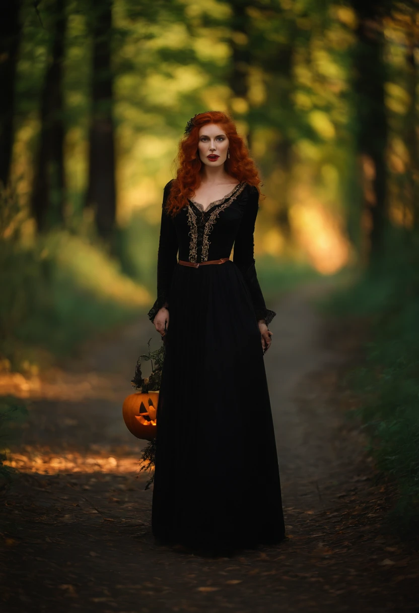 Portrait Getting Professional Photography Redhead Woman Pale Ginger Orange, branca, Slightly blurred background in the forest with medieval costumes Black dress with lace Witch costume with black cat in hand and halloween pumpkin on the ground 8K Green and Orange Hot Lights, de outono ao redor. Sun among the trees at dusk