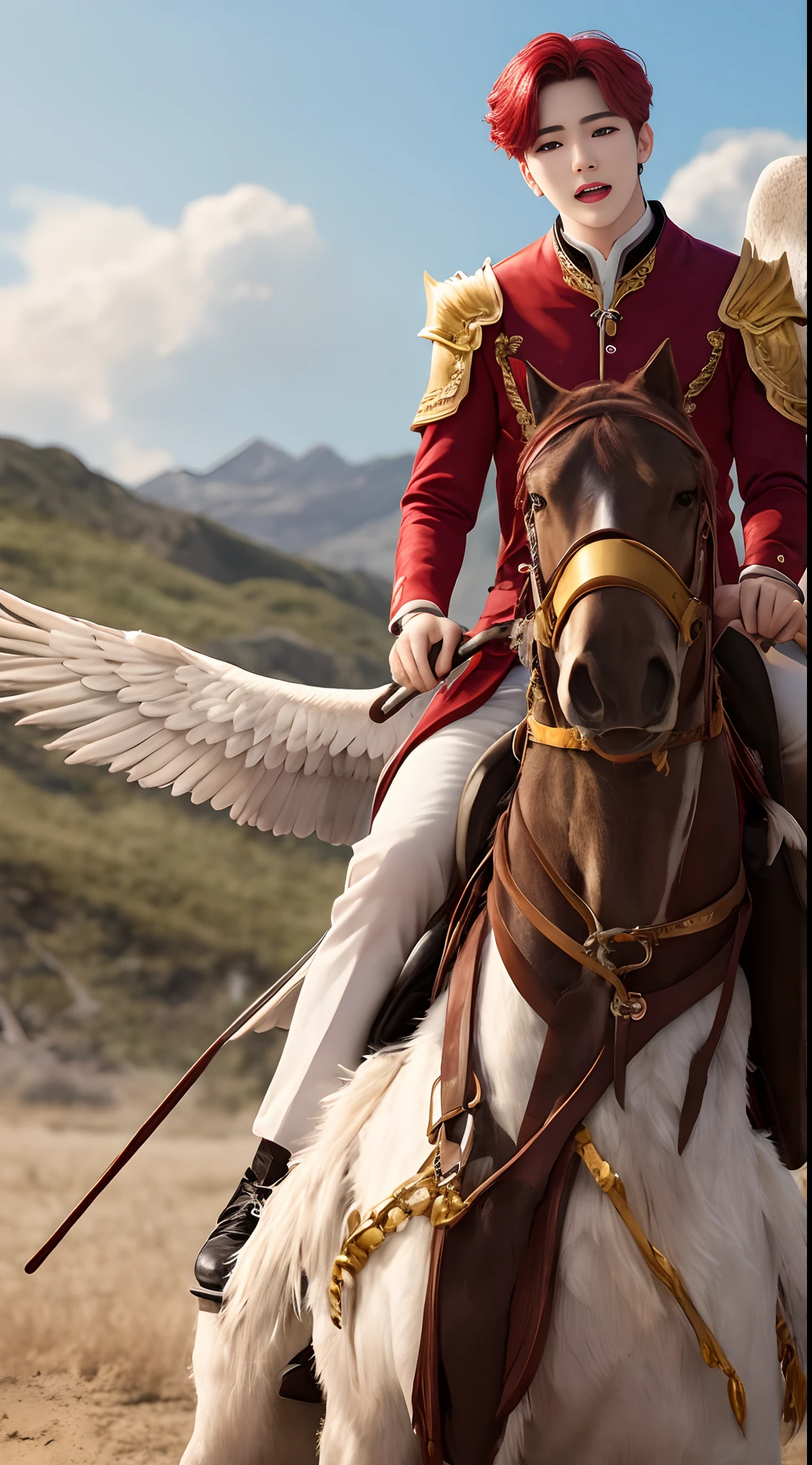 Realistic photo of the red-haired BTS's Yoongi in which he is riding a thunderbird — winged animal — and is wearing golden armor