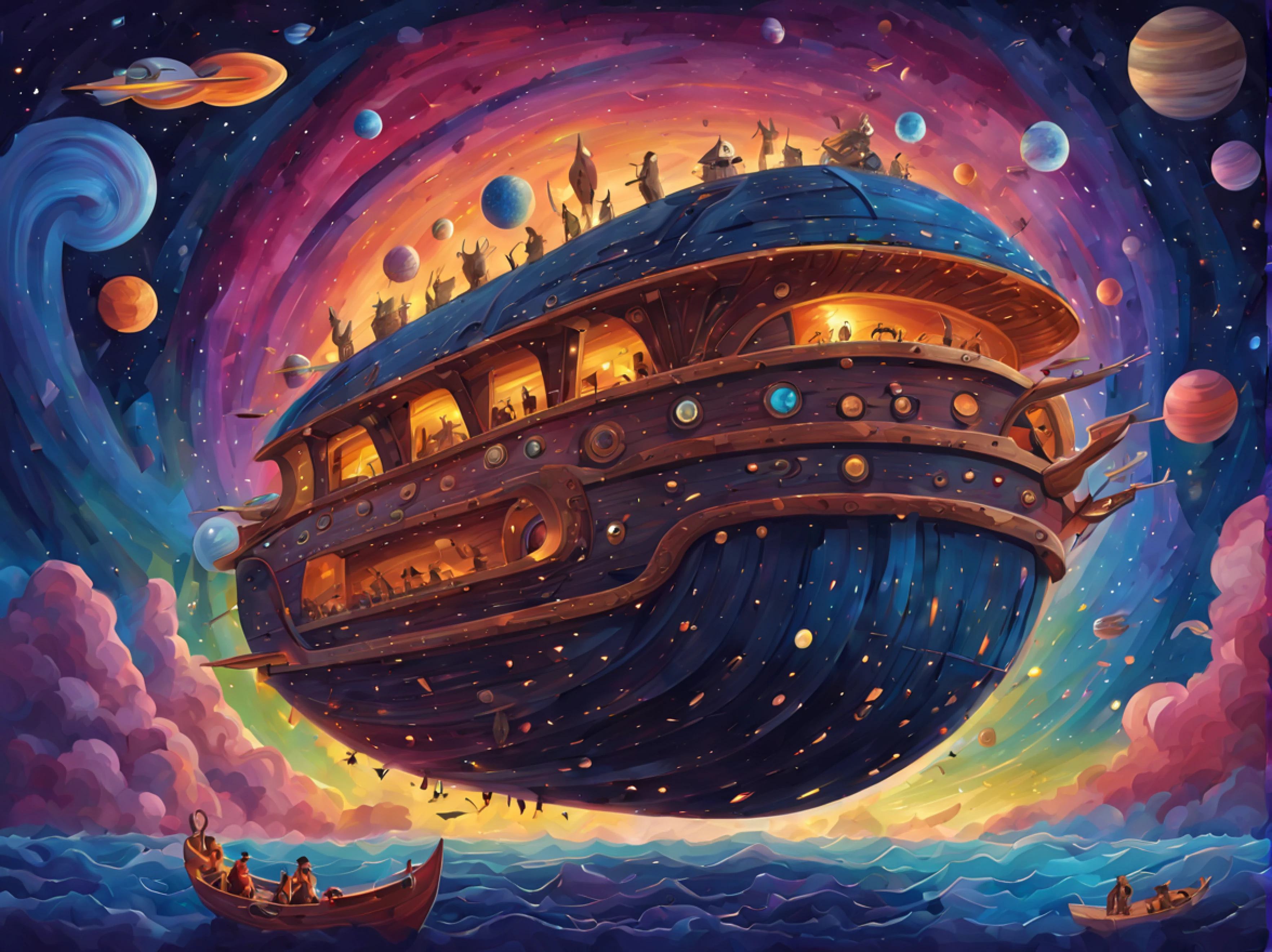 (Expressionism:1.3), (retrofuturistic spaceship in the shape of Noah's Ark:1.2) with portholes and cannons, (exotic animals around), amidst the vast cosmos of thoughts and ideas, breathtaking, shiny stars, vivid colors, cosmic scenery