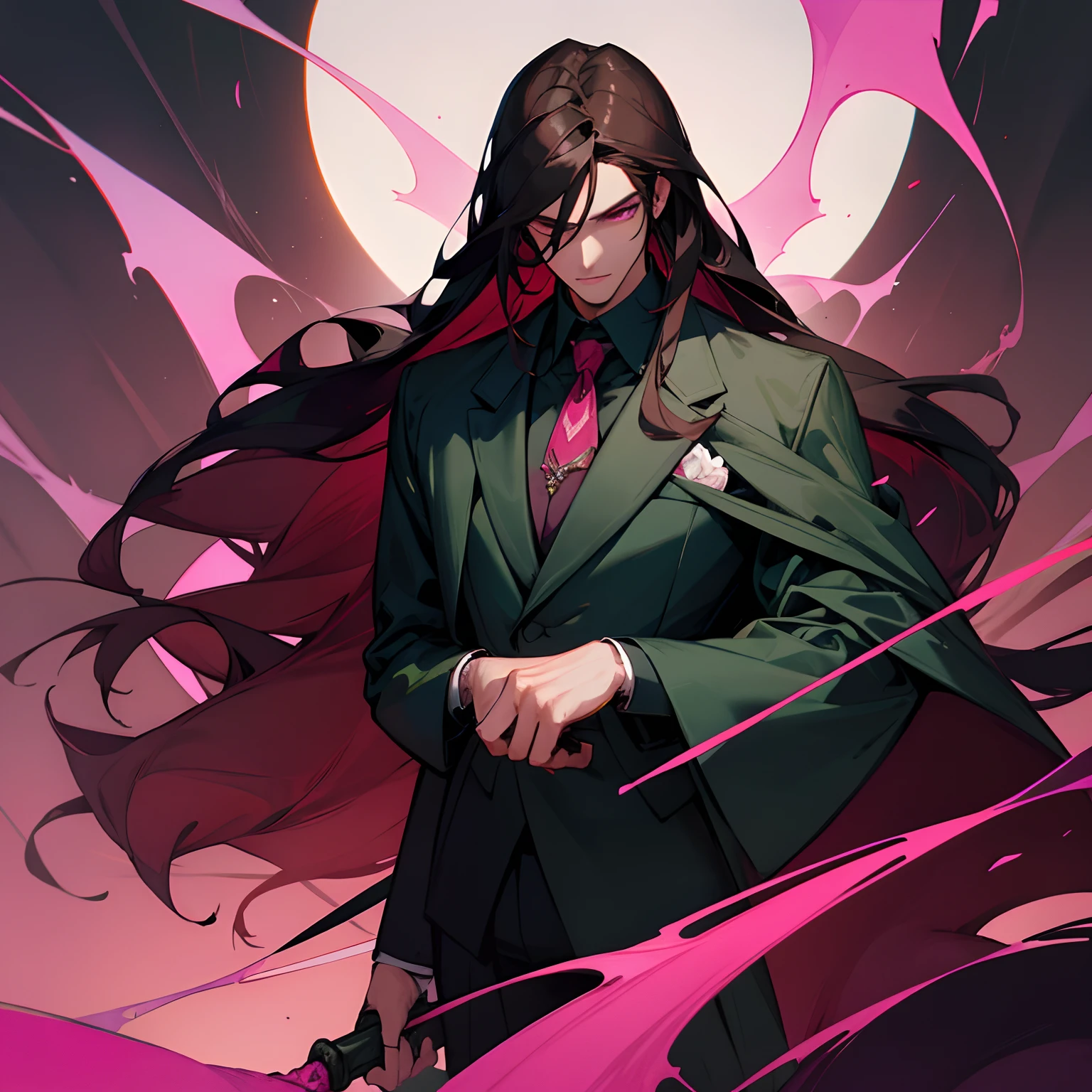 man, tall, dark hair, long hair, pink eyes, fancy dark green suit, classy, extravagant clothing, cold looking, cane, snake, demon