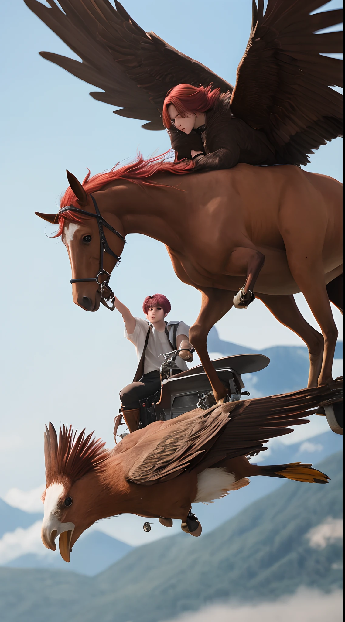 Realistic photo of the red-haired BTS's Yoongi in which he is riding a thunderbird — winged animal — and is wearing golden armor