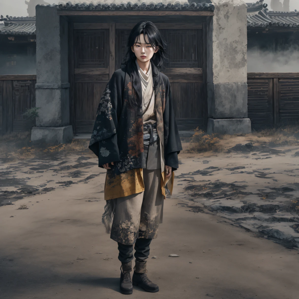 Side 32K,exteriors,Roof,People are small(tmasterpiece,k hd,hyper HD,32K)Long flowing glossy black hair,Tang dynasty complex,zydink, a color,mid afternoon(canyons), (Linen batik scarf), Combat posture, looking at the ground, Linen bandana, Chinese python pattern long-sleeved garment, Morning(Abstract gouache splash:1.2), Dark clouds lightning background,sprinkling(realisticlying:1.4),Black color hair,The dust is blowing,Background fog, A high resolution, the detail, RAW photogr, Sharp Re, Nikon D850 Film Stock Photo by Jefferies Lee 4 Kodak Portra 400 Camera F1.6 shots, Rich colors, ultra-realistic vivid textures, Dramatic lighting, Unreal Engine Art Station Trend, cinestir 800,Flowing and shiny black hair,(((National style building)))Full-body side