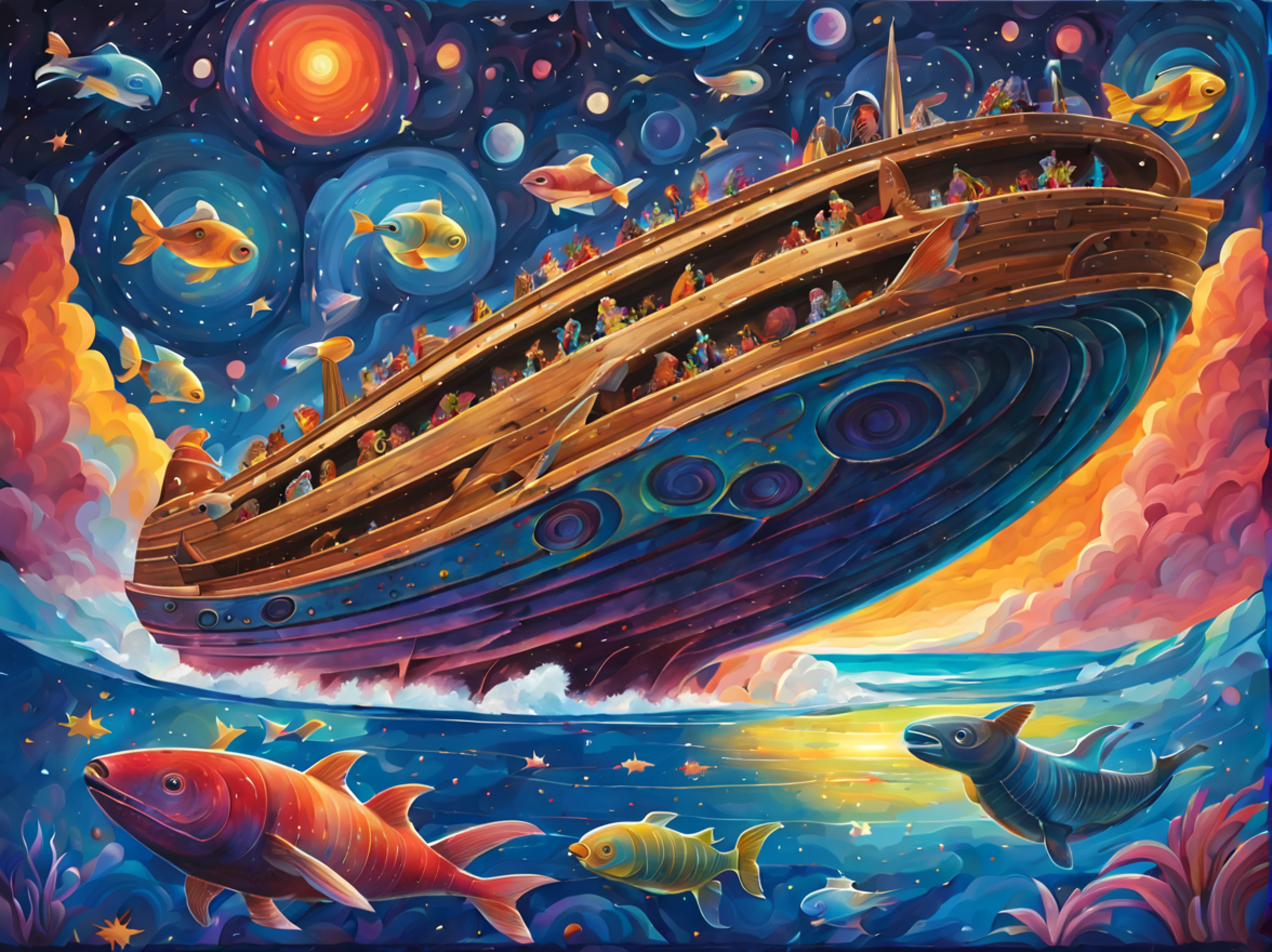 (Expressionism:1.3), (retrofuturistic spaceship in the shape of Noah's Ark:1.2) with portholes and cannons, (exotic animals around), fishes, amidst the vast cosmos of thoughts and ideas, breathtaking, shiny stars, vivid colors, cosmic scenery