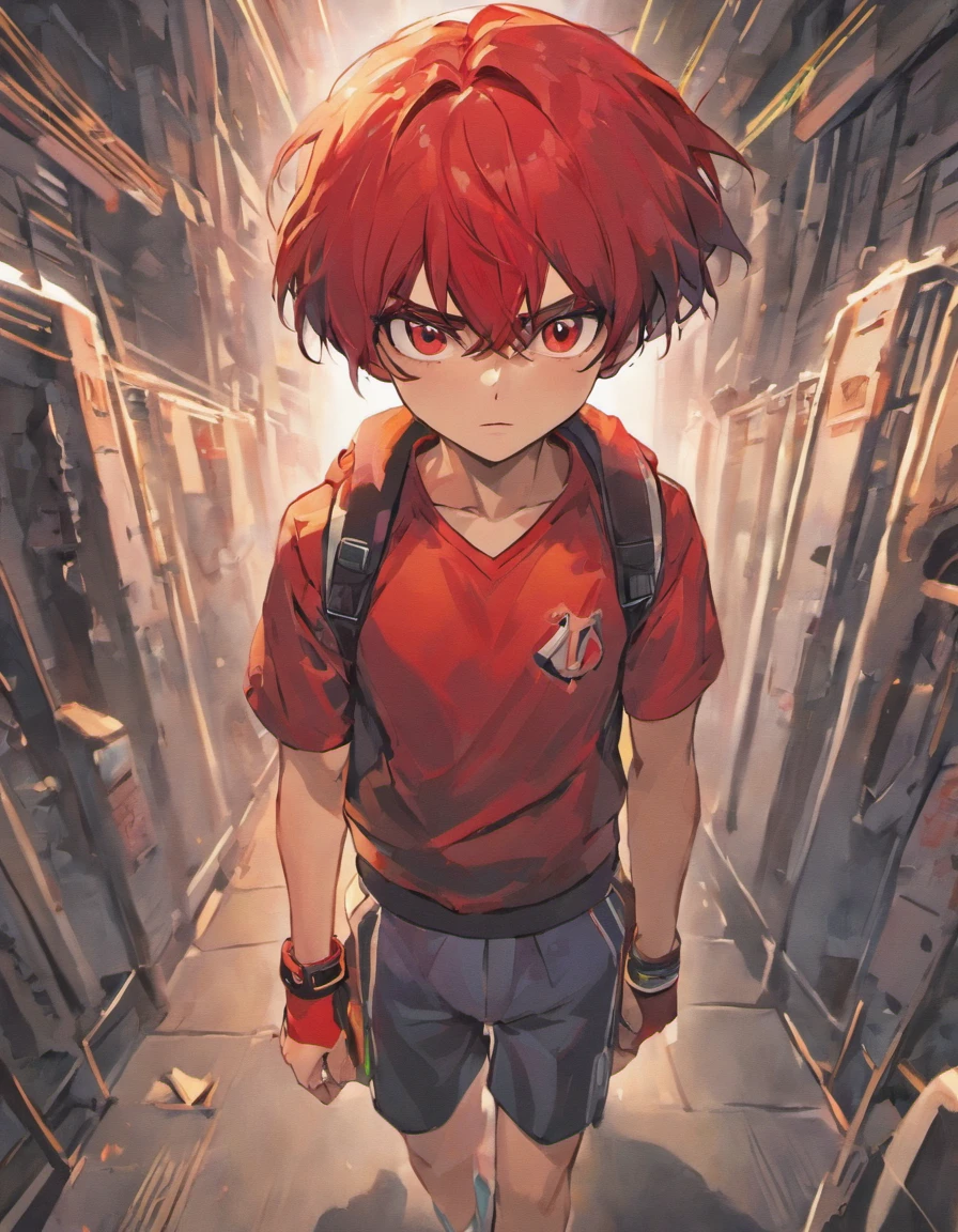 hombre alto de cabello rojo, tiene un parche en uno de sus ojos, ojo color gris, musculoso como hulk, muy alto, no tiene el brazo izquierdo, lleva vendas en el cuerpo, viste ropa deportiva y zapatillas, se encuentra jugando tenis, estilo anime
