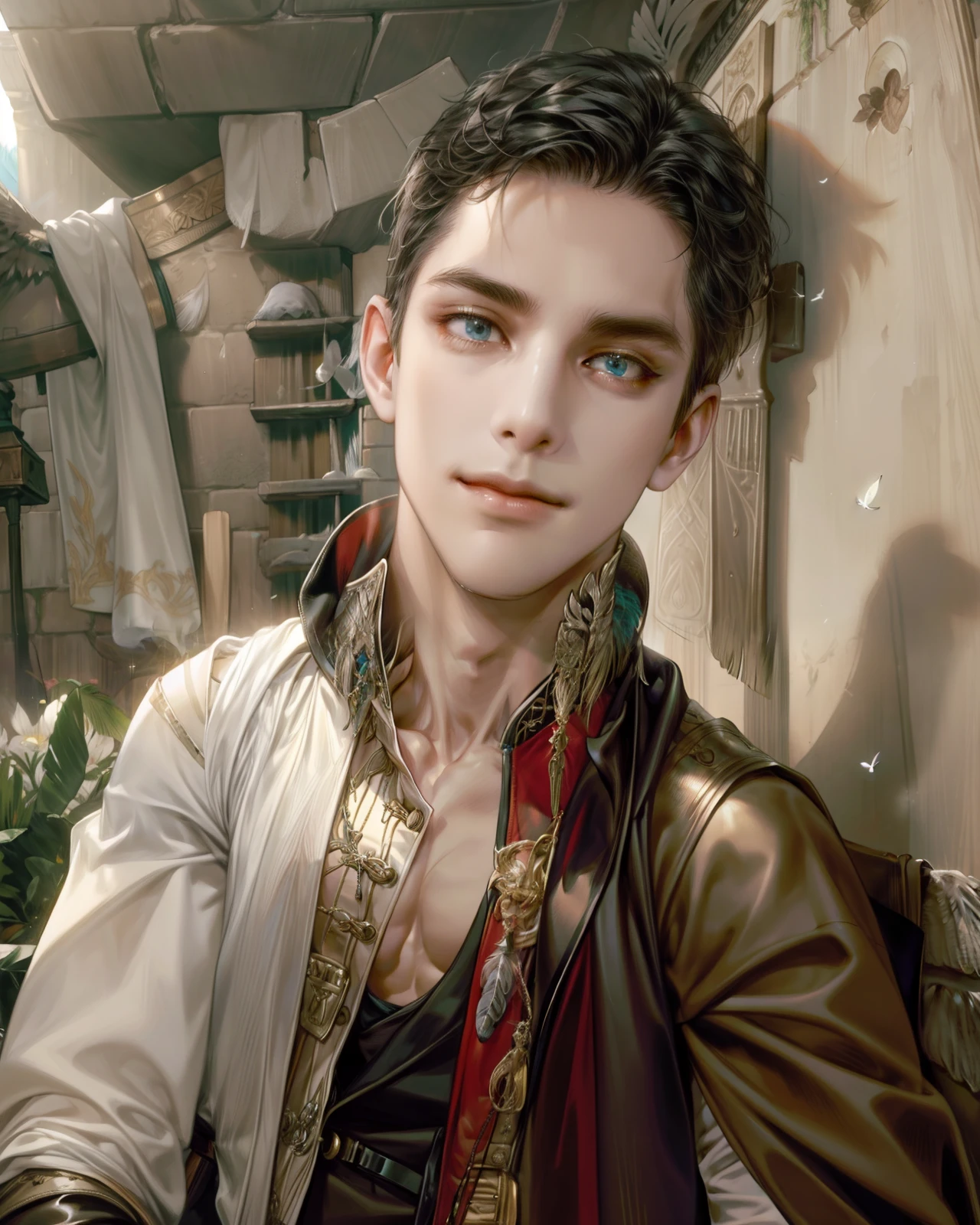 (absurdres, highres, ultra detailed), 1 male, adult, handsome, tall muscular guy, broad shoulders, finely detailed eyes, looking down, solo, upper body, detailed background, detailed face, falconer, bird resting on shoulder, eagle resting on shoulder, falconer gloves, light smile, medieval fantasy setting, high fantasy, gray leather clothes, capelet, straps, belt, serene forest, bushes, river, flowers, birds, feathers, crossbow, mist,, (dutch angle), closed mouth, upper body