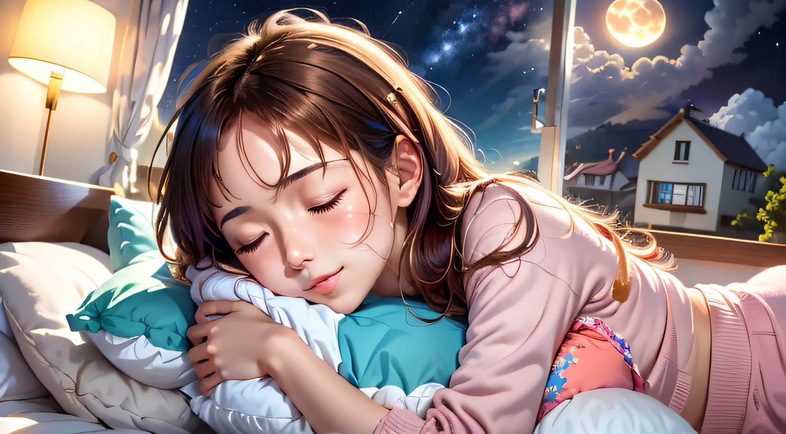 colorful、on clouds、kosmos、Big Moon in window、shining stars, realistic、Girl sleeping on her back on the bed、closed eyes, hugging pillow、超A high resolution