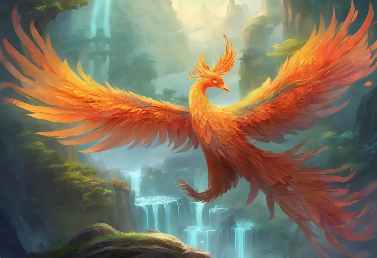 mythological creatures,((Chinese mythology fire phoenix)),Traditional Chinese elements,Ancient murals,Illustrative myths,Fuyao Legend,Dappled light,Hazy haze,mystical aura,tmasterpiece,k hd,Rich in color,Detailed details,Seven colors