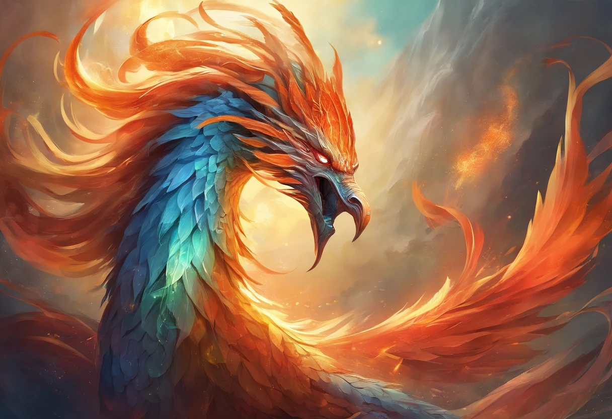 mythological creatures，（（Chinese mythology fire phoenix）），Traditional Chinese elements，Ancient murals，Illustrative myths，Fuyao Legend，Dappled light，Hazy haze，mystical aura，tmasterpiece，k hd，Rich in color，Detailed details，Seven colors