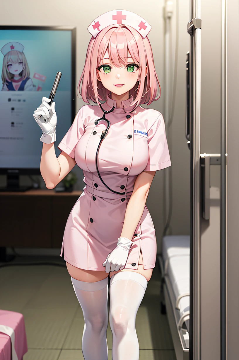 1woman, solo, nurse, white nurse cap, white nurse uniform, ((white legwear, zettai ryouiki)), white gloves, pink hair, green eyes, drooping eyes, pink lips, smile, standing, ((hospital room)), sharp outline, short sleeves, mature female, 32 years old, best quality, masterpiece