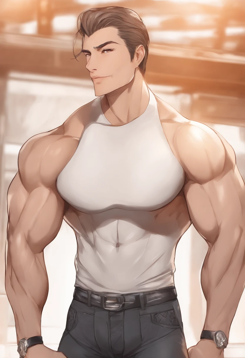 Hot anime dad, muscular, skinny waist, abs, big pecs. He has short black hair, strong jawline, handsome face. He is wearing underwear, and is on his knees. Smiling