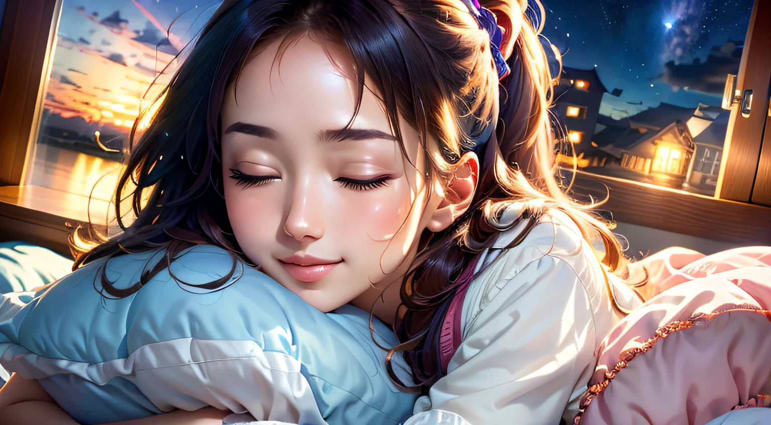 colorful、on clouds、kosmos、Big Moon in window、shining stars, realistic、Girl sleeping on her back on the bed、closed eyes, hugging pillow、超A high resolution