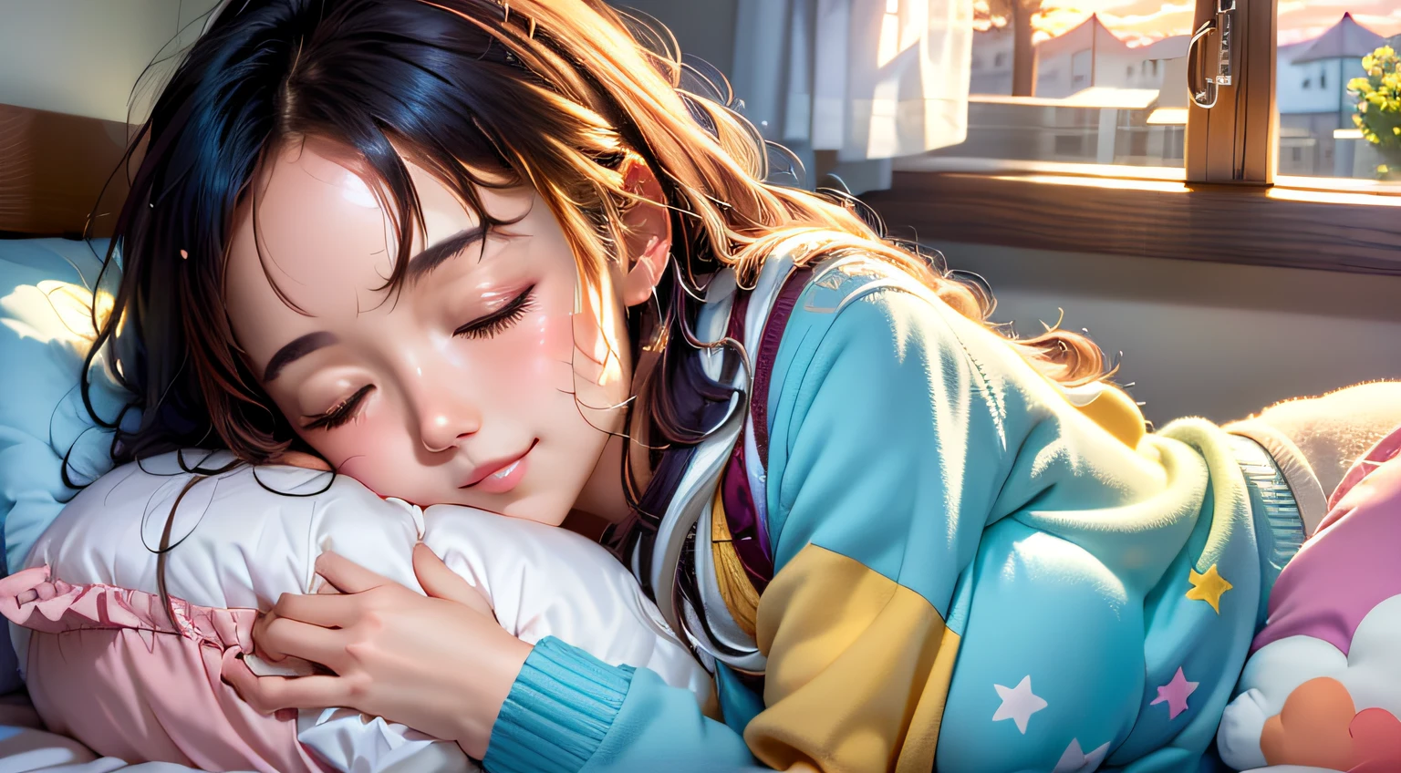 (8k, RAW photo, highest quality, masterpiece), High resolution RAW color photo, Uniform, Long hair, 21 years old, Ponytail, Futon, Pillow, Eyes closed, Bed, Lying on the bed, laughing at me looking, underwear, under the covers, blanket, cleavage, realistic, woman sleeping on a blanket, a glowing aura emanates from a woman sleeping on a blanket, super high resolution, black hair