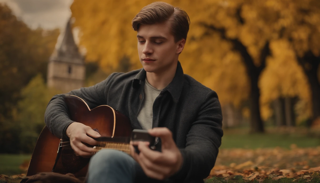 In Harry Potter style, one male Hogwarts Student from Gryffindor, sitting on the garden of Castle of Hogwarts, listening to music on Headphone, and holding a Nintendo switch, playing video game . Autumn Time, pumpkins