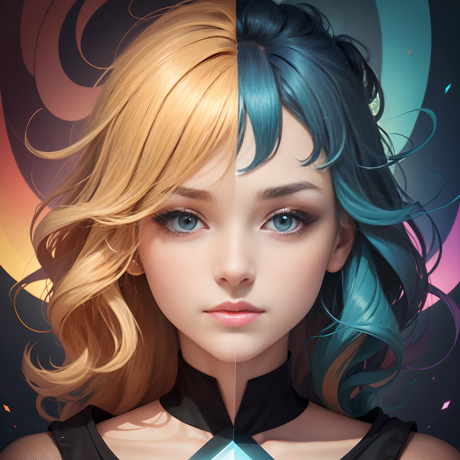 high resolution images, 8K Wallpaper, High Quality Illustrations, Vivid colors, image of a lady, Faces drawn with colored pencils blend seamlessly into the background illustration、It will be a work with a sense of unity, Beautiful face, Pretty Face, Blonde hair, Wavy Hair, peaceful face, Close up face, Create visual representations with geometric shapes and colors inspired by the equations of quantum mechanics, Illustration that fuses abstraction and rough brushwork, As seen in the works of Robert Delaunay, In the technique of digital fine art, Merge surrounding elements into a diagram, In this configuration:、Combining oil painting effect and digital art