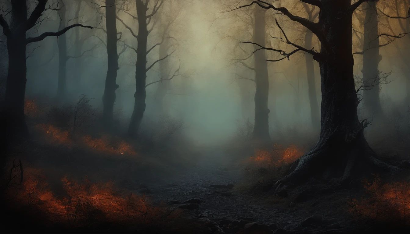 dark gothic vintage halloween painting. Design of a dark forest with mist, lleno de calaveras y tumbas.