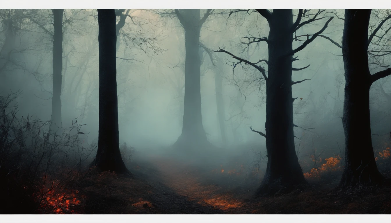 dark gothic vintage halloween painting. Design of a dark forest with mist, lleno de calaveras y tumbas.