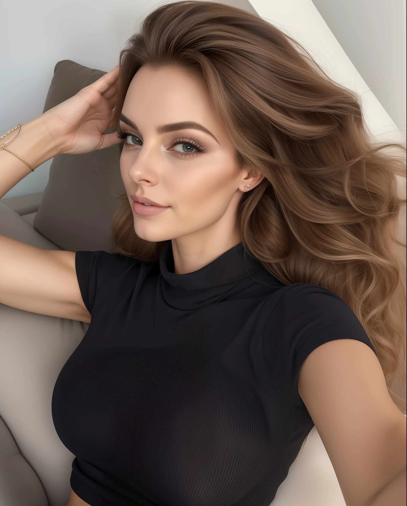 There's a woman lying on a couch with her hair blowing in the wind, linda senhora, Cara Sexy, Mulher francesa de 30 anos, beleza de cair o queixo, mulher linda, morena, rosto e corpo atraentes, Modelo do Instagram, Angelina Stroganova, cabelos castanhos e um corpo perfeito, mulher deslumbrante, modelo bonito, Beautiful girl, Taran Dasha, ellie victoria gale