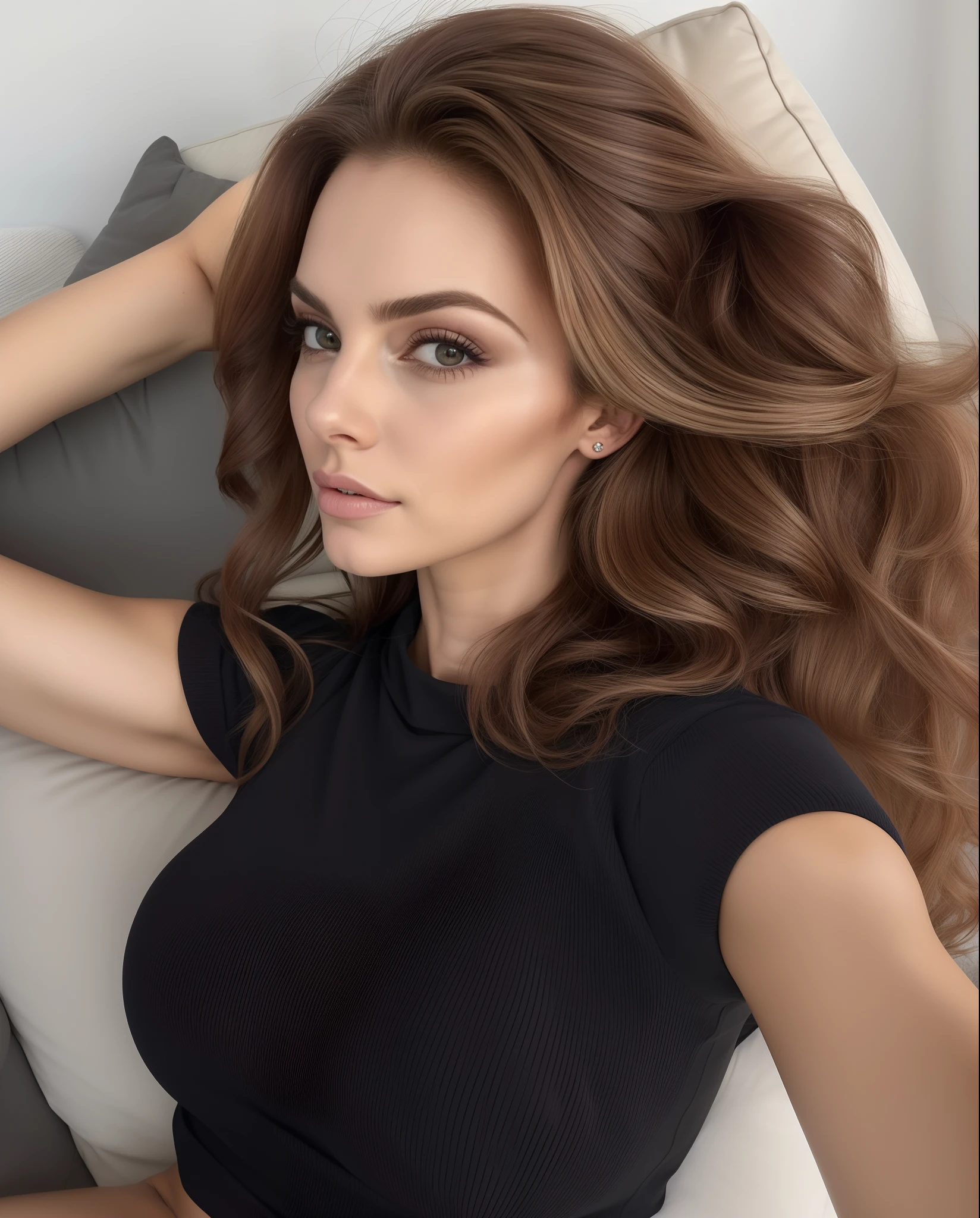 There's a woman lying on a couch with her hair blowing in the wind, linda senhora, Cara Sexy, Mulher francesa de 30 anos, beleza de cair o queixo, mulher linda, morena, rosto e corpo atraentes, Modelo do Instagram, Angelina Stroganova, cabelos castanhos e um corpo perfeito, mulher deslumbrante, modelo bonito, Beautiful girl, Taran Dasha, ellie victoria gale