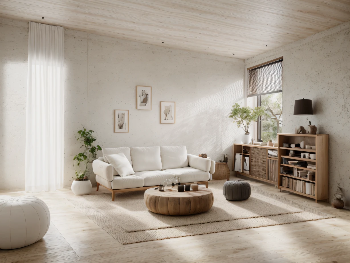 wabisabi livingroom interior, sofa, armchair, table, rug, wood floor, drapes, window, blind, white flat ceiling, stucco wall,natural light, softlight, (flat white ceiling),((masterpiece)), realistic, high quality, sunray,