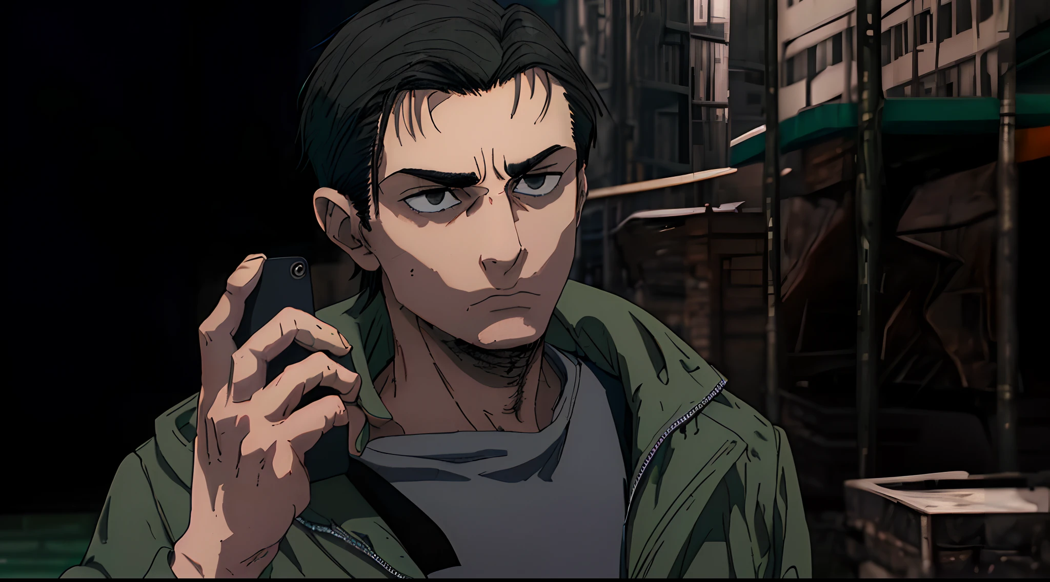 young male, dark hair, short hair, serious face, phone, green jacket, grey shirt, hd, highres