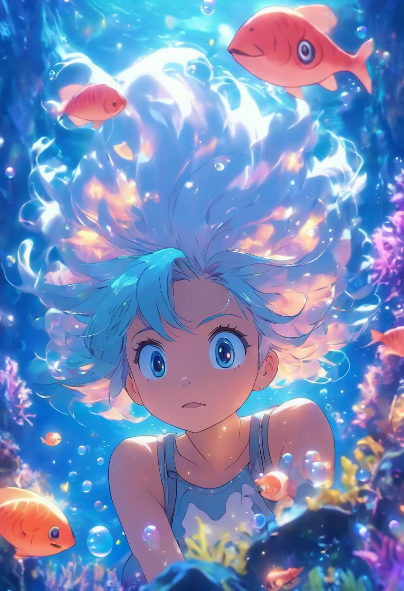 Undersea juvenile silver-haired shell house,Girl with short white hair,Colorful bubbles,A plant,Glowing small fish,Sparkling,ocean floor,( reasonable design, Clear lines, High sharpness,Best quality, Very detailed, Masterpiece, movie light effect, 4K )