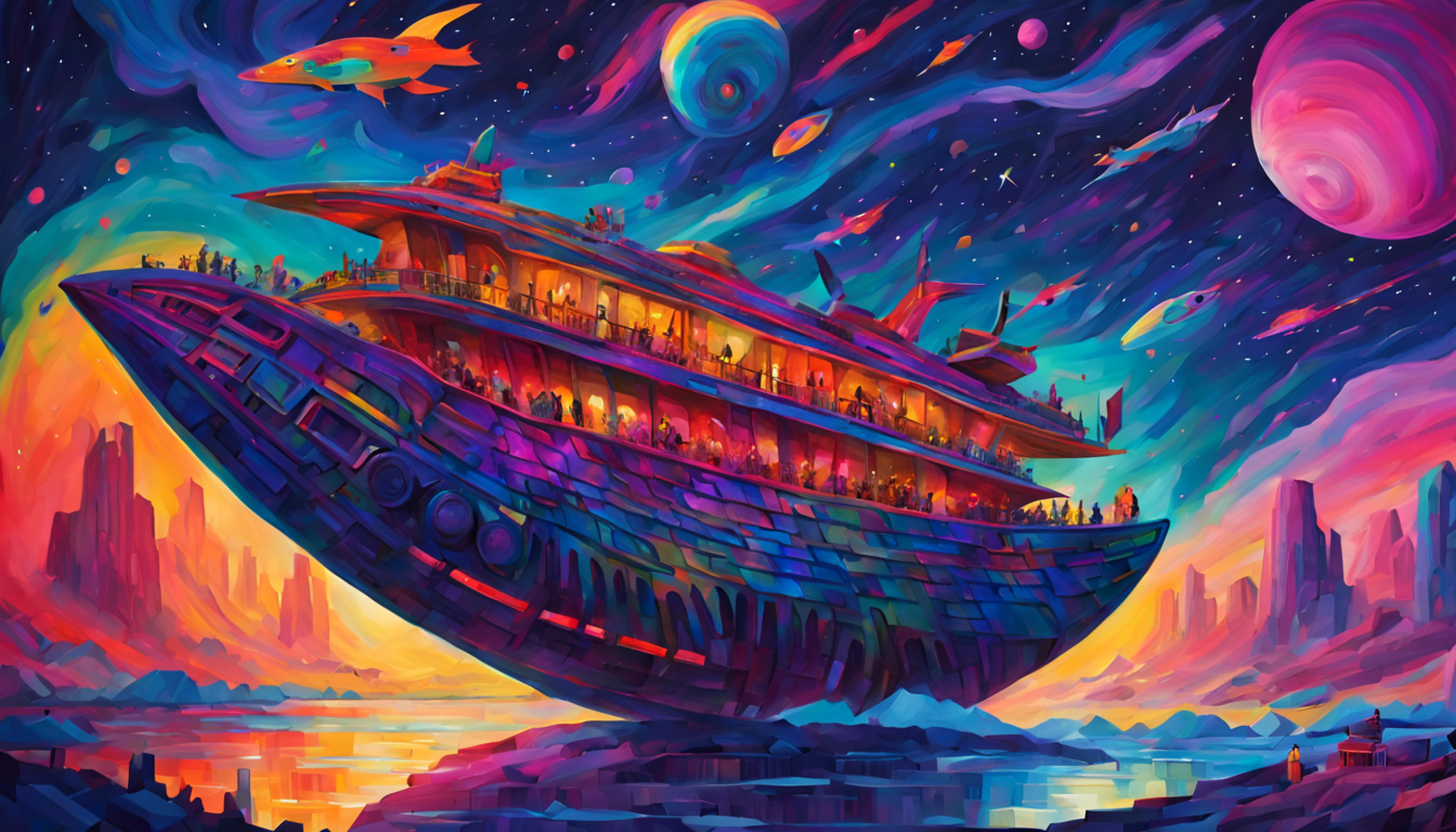 (Fauvism:1.3), big (cyberpunk spaceship with rich animalistic design) (resembling Noah's Ark:1.4), (animals carved on its sides), (amidst the vast cosmos), breathtaking, ominous, vivid colors