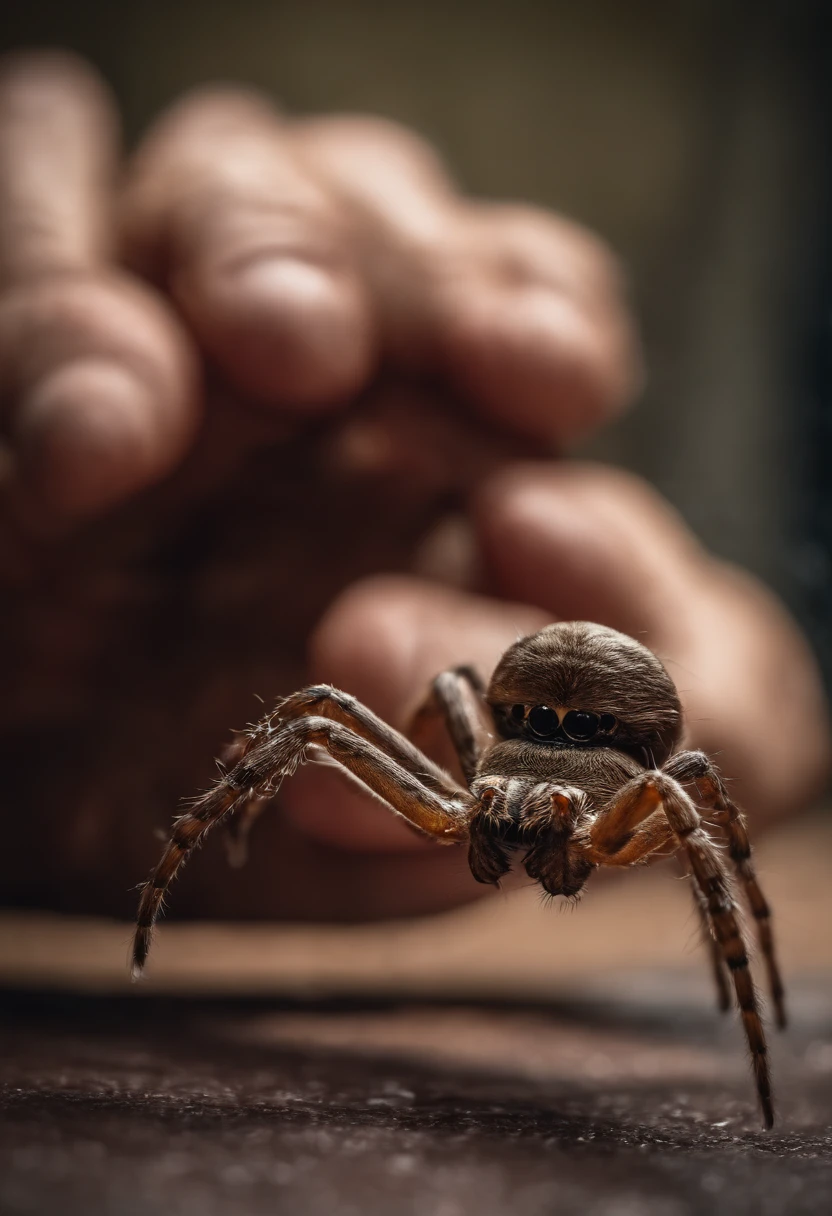 Make a brown crab spider , fluffy like plush, with 4 big eyes, realistic in the palm of a human hand