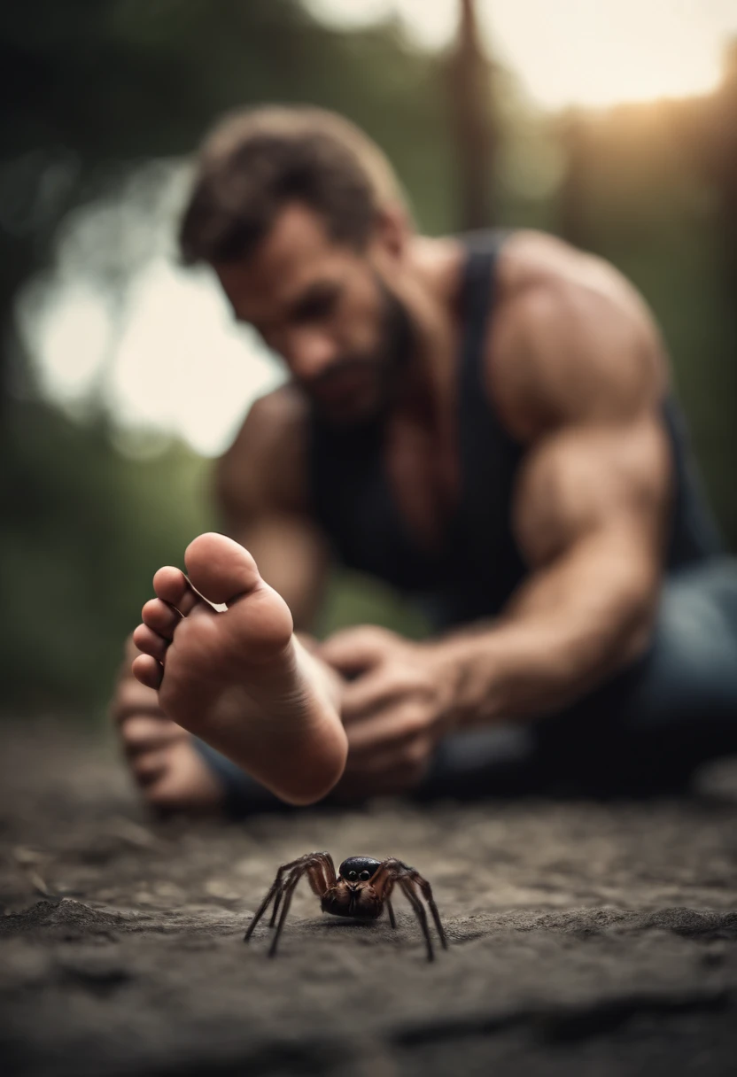 Muscular man crush a spider with his barefoot. foot closeup, perfect feet,