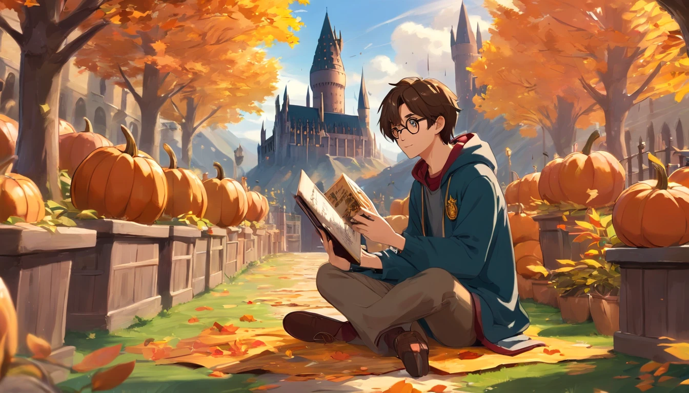 In Harry Potter style, one male Hogwarts Student from Gryffindor, sitting on the garden of Castle of Hogwarts, listening to music on Headphone, and holding a Nintendo switch, playing video game . Autumn Time, pumpkins