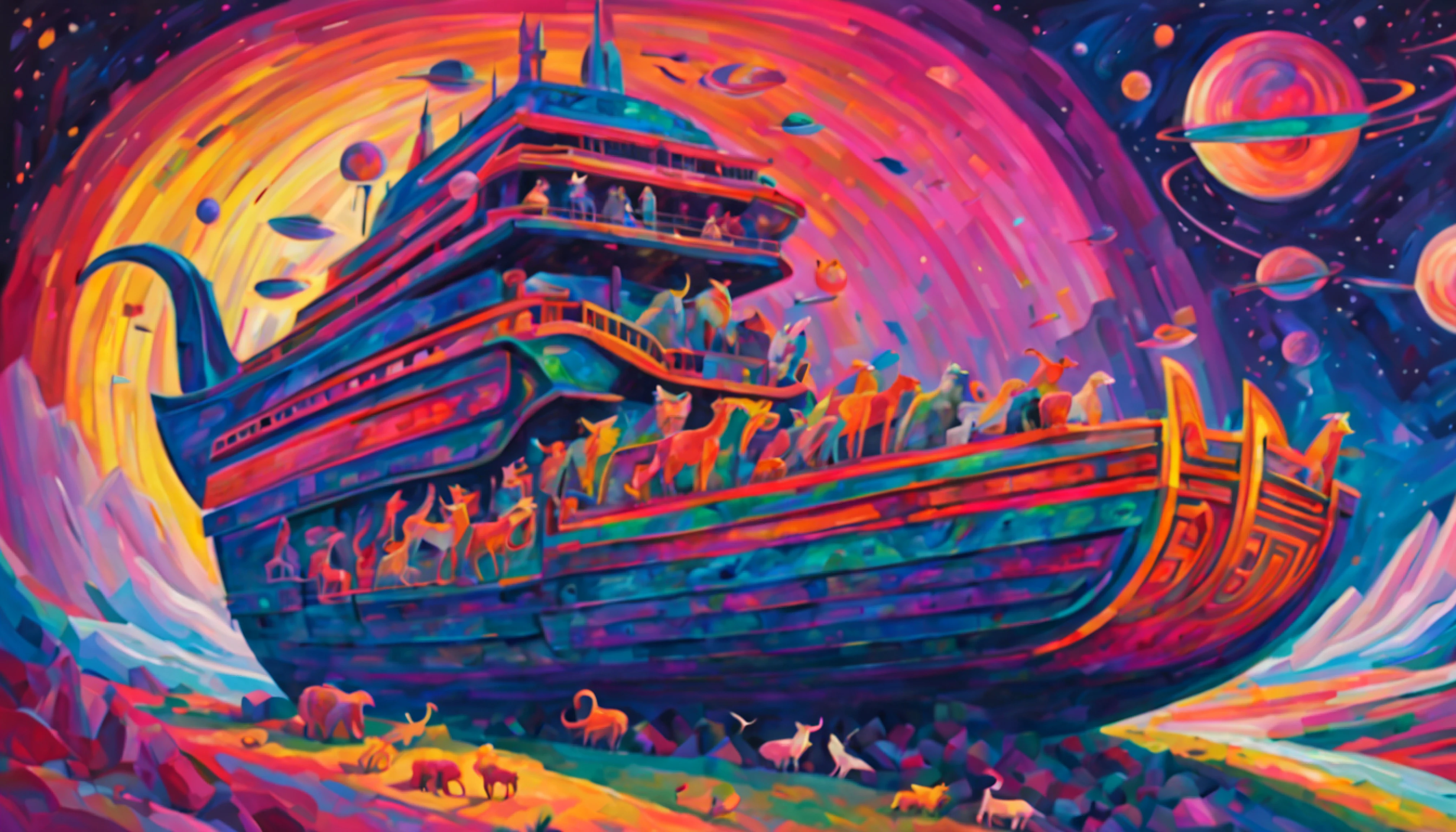 (Fauvism:1.3), big (cyberpunk spaceship with rich animalistic design) (resembling Noah's Ark:1.4), (animals carved on its sides:1.2), (amidst the vast cosmos), breathtaking, ominous, vivid colors