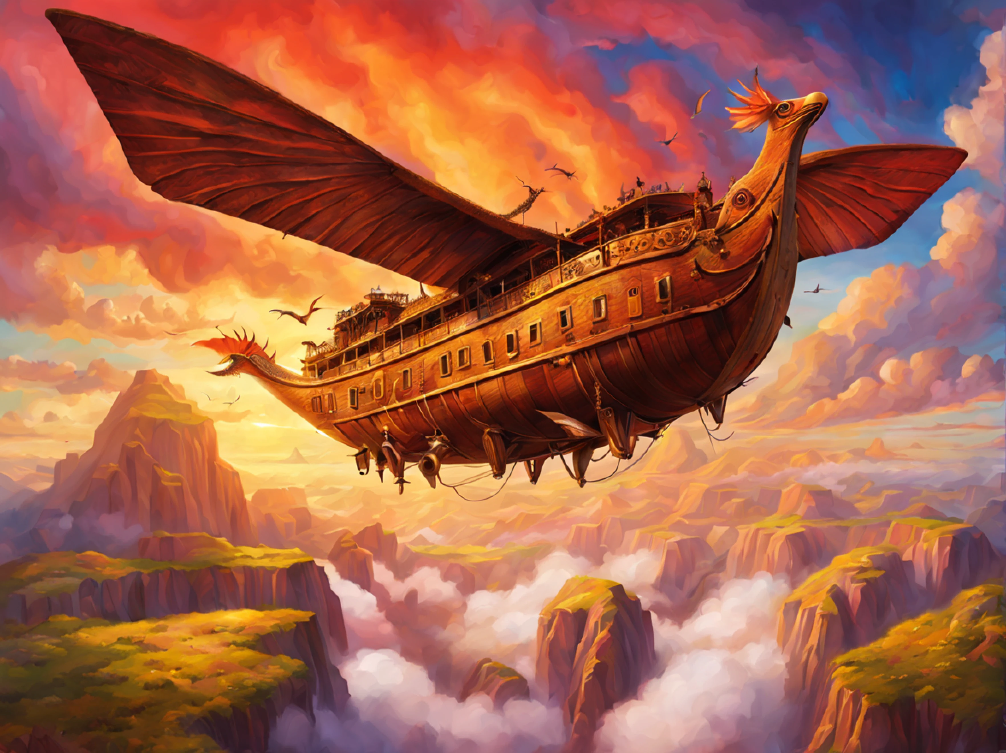 (Surrealism:1.3), (steampunk aircraft with rich animalistic design) (resembling Noah's Ark:1.4), (decorated with animal pictures:1.3), (pterodactyls), amidst the vast romantic sky, breathtaking, sunrise, vivid colors, nature scenery