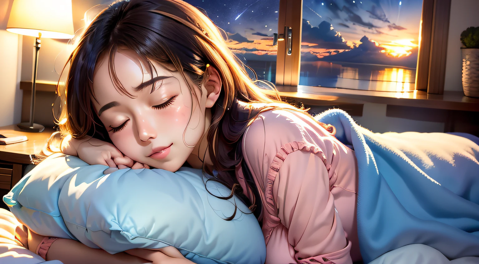 colorful、on clouds、kosmos、evening, Big Moon in window、shining stars, realistic、Girl sleeping on her back on the bed、closed eyes, hugging pillow、超A high resolution