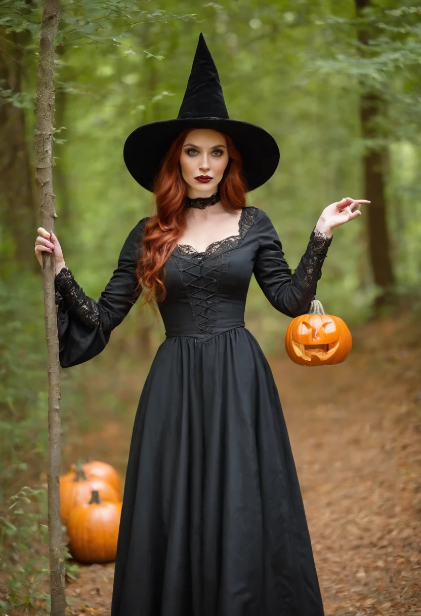 Witch with pumpkin in the forest, bruxa feminina bonita, classical witch, Witchy, beautiful witch female, Conto de fadas de bruxa, Em um estilo de Halloween, Amouranth, beautiful witch spooky female, bruxa cowboy bonita, felicia day, Roupa de bruxa, wearing black witch hat, Bruxa malvada feminina bonita, bruxa, uma bela feiticeira, mais conhecido como Amouranth, Uma bruxamulher arafed em um vestido preto e um vestido verde segurando uma caixa, Roupa de bruxa, Conto de fadas de bruxa, she is in the potions workshop, como um personagem de fantasia medieval, Witchy, Deusa dos cabelos ruivos, roupas de bruxa, classical witch, Retrato de uma bruxa, cosplay ornamentado, floresta fae, pagan goddess, com longos cabelos ruivos, Maiden with Copper HairPortrait Getting Professional Photography Redhead Woman Pale Ginger Orange, branca, Slightly blurred background in the forest with medieval costumes Black dress with lace Witch costume with black cat in hand and halloween pumpkin on the ground 8K Green and Orange Hot Lights, de outono ao redor. Sun among the trees at dusk