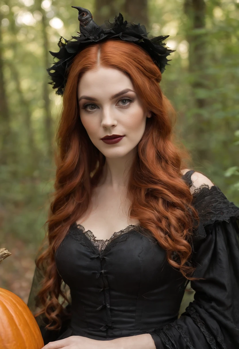 Witch with pumpkin in the forest, bruxa feminina bonita, classical witch, Witchy, beautiful witch female, Conto de fadas de bruxa, Em um estilo de Halloween, Amouranth, beautiful witch spooky female, bruxa cowboy bonita, felicia day, Roupa de bruxa, wearing black witch hat, Bruxa malvada feminina bonita, bruxa, uma bela feiticeira, mais conhecido como Amouranth, Uma bruxamulher arafed em um vestido preto e um vestido verde segurando uma caixa, Roupa de bruxa, Conto de fadas de bruxa, she is in the potions workshop, como um personagem de fantasia medieval, Witchy, Deusa dos cabelos ruivos, roupas de bruxa, classical witch, Retrato de uma bruxa, cosplay ornamentado, floresta fae, pagan goddess, com longos cabelos ruivos, Maiden with Copper HairPortrait Getting Professional Photography Redhead Woman Pale Ginger Orange, branca, Slightly blurred background in the forest with medieval costumes Black dress with lace Witch costume with black cat in hand and halloween pumpkin on the ground 8K Green and Orange Hot Lights, de outono ao redor. Sun among the trees at dusk