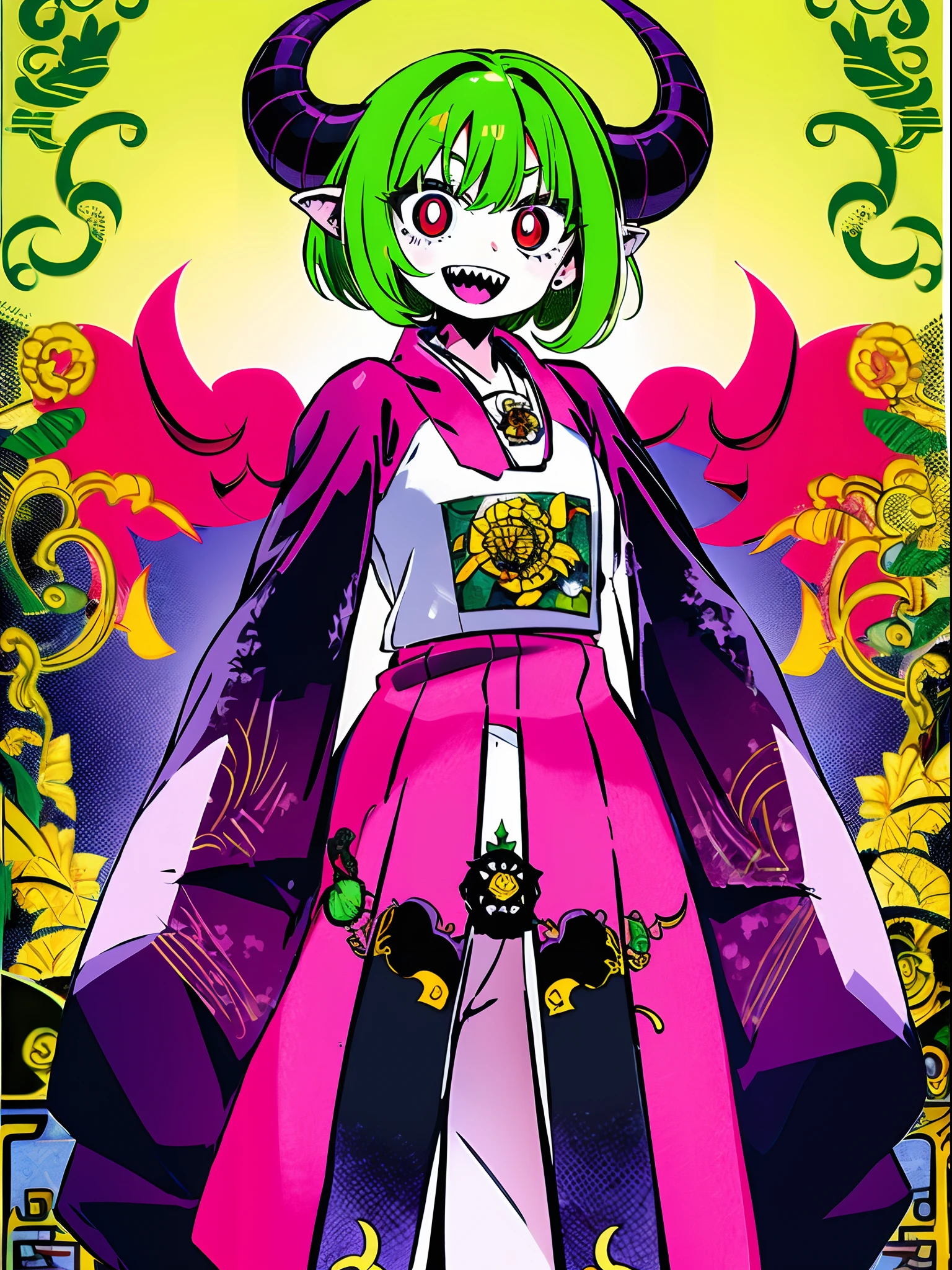 , green hair, red eyes, white robe, hornes, sharpteeth, standing solo focus, white robe,demongirl, pants, long skirt, short hair, flatchest, Daoist_Robe, demon hornes, long horns, smile, happy, hand