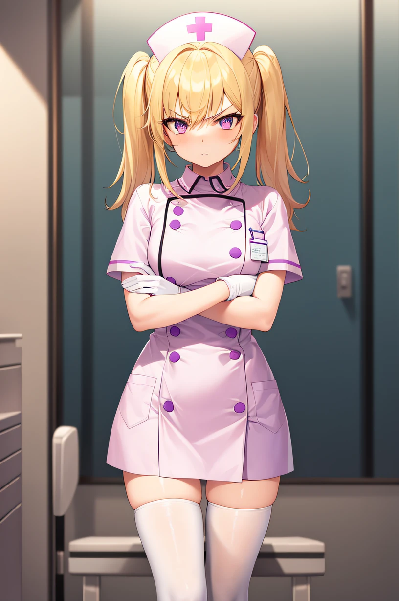 1girl, solo, nurse, nurse cap, white nurse uniform, ((white legwear, zettai ryouiki)), white gloves, twintails, yellow hair, purple eyes, smile, standing, ((hospital room)), sharp outline, short sleeves, best quality, masterpiece