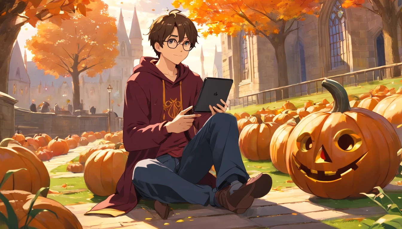 In Harry Potter style, one male Hogwarts Student from Gryffindor, sitting on the garden of Castle of Hogwarts, listening to music on Headphone, and holding a Nintendo switch, playing video game . Autumn Time, a few pumpkins around the garden