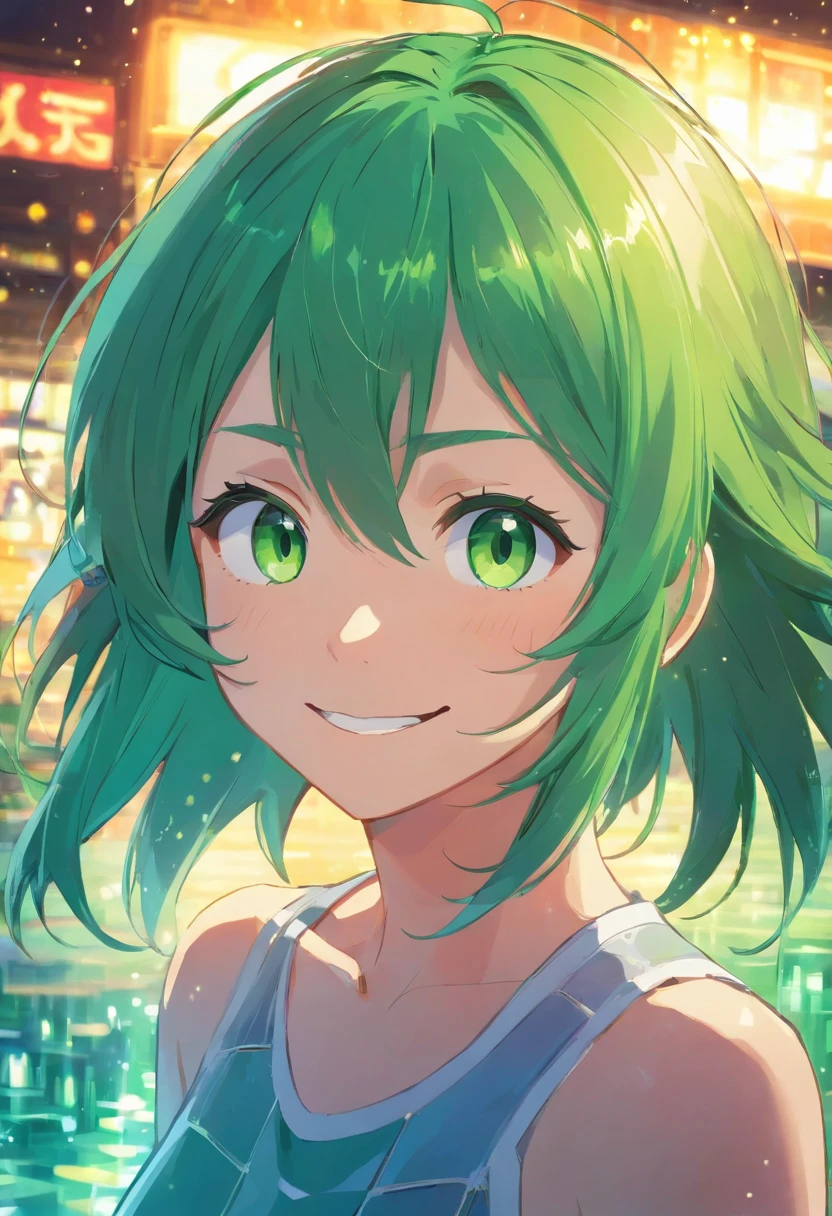 green hair, eye reflection, evil smile, anime, depth of field, mosaic art, 4K
