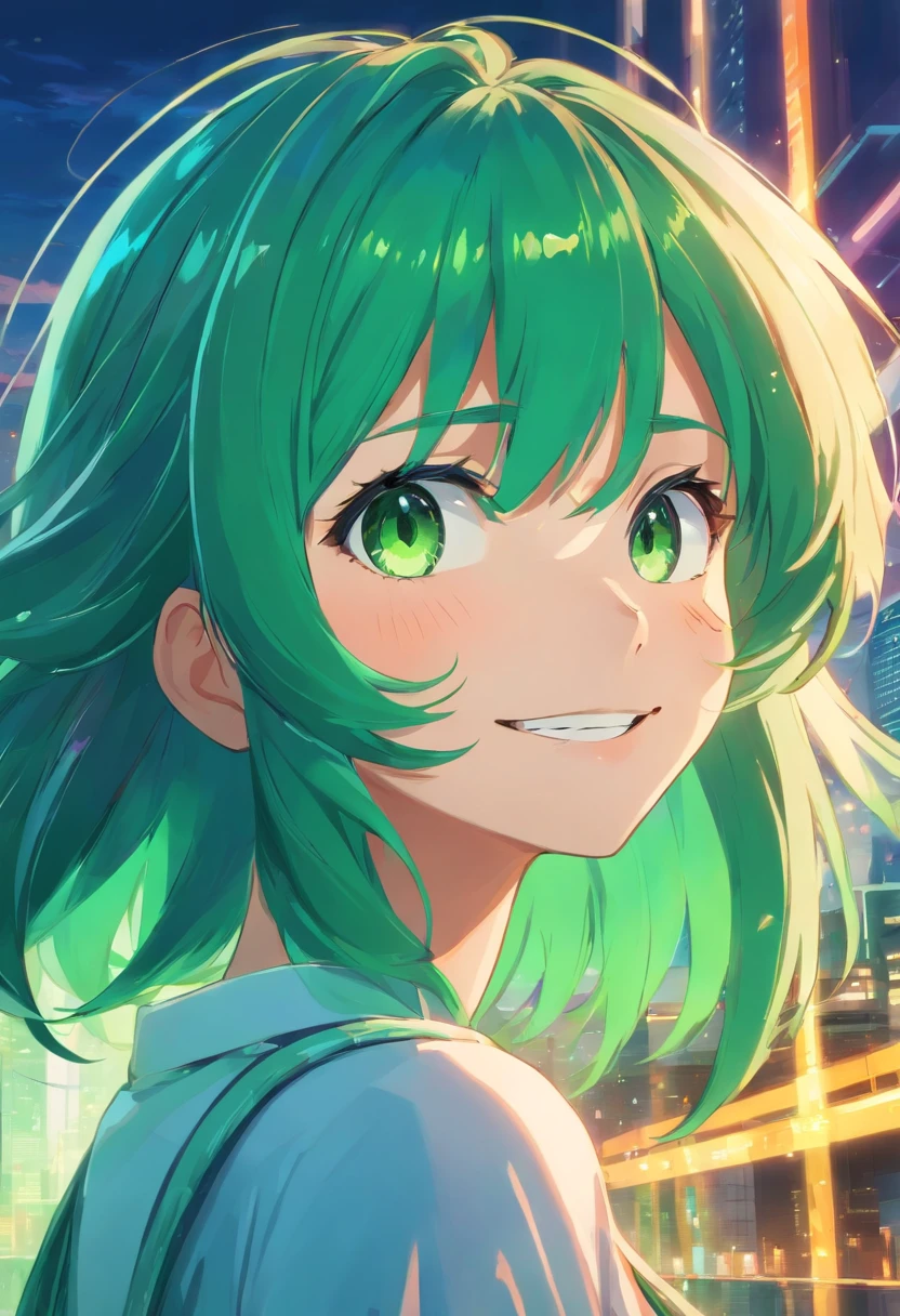 green hair, eye reflection, evil smile, anime, depth of field, mosaic art, 4K