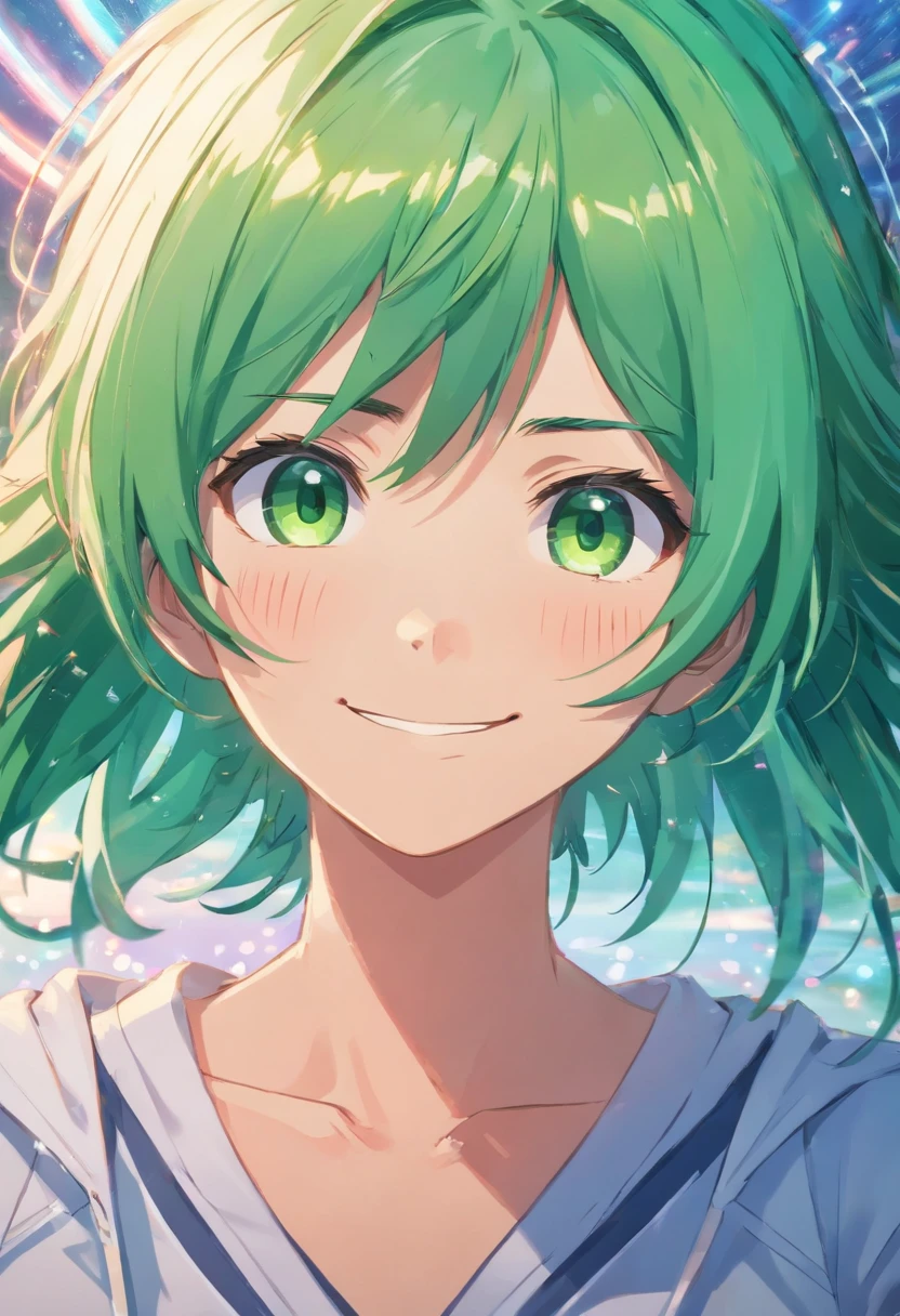 green hair, eye reflection, evil smile, anime, depth of field, mosaic art, 4K