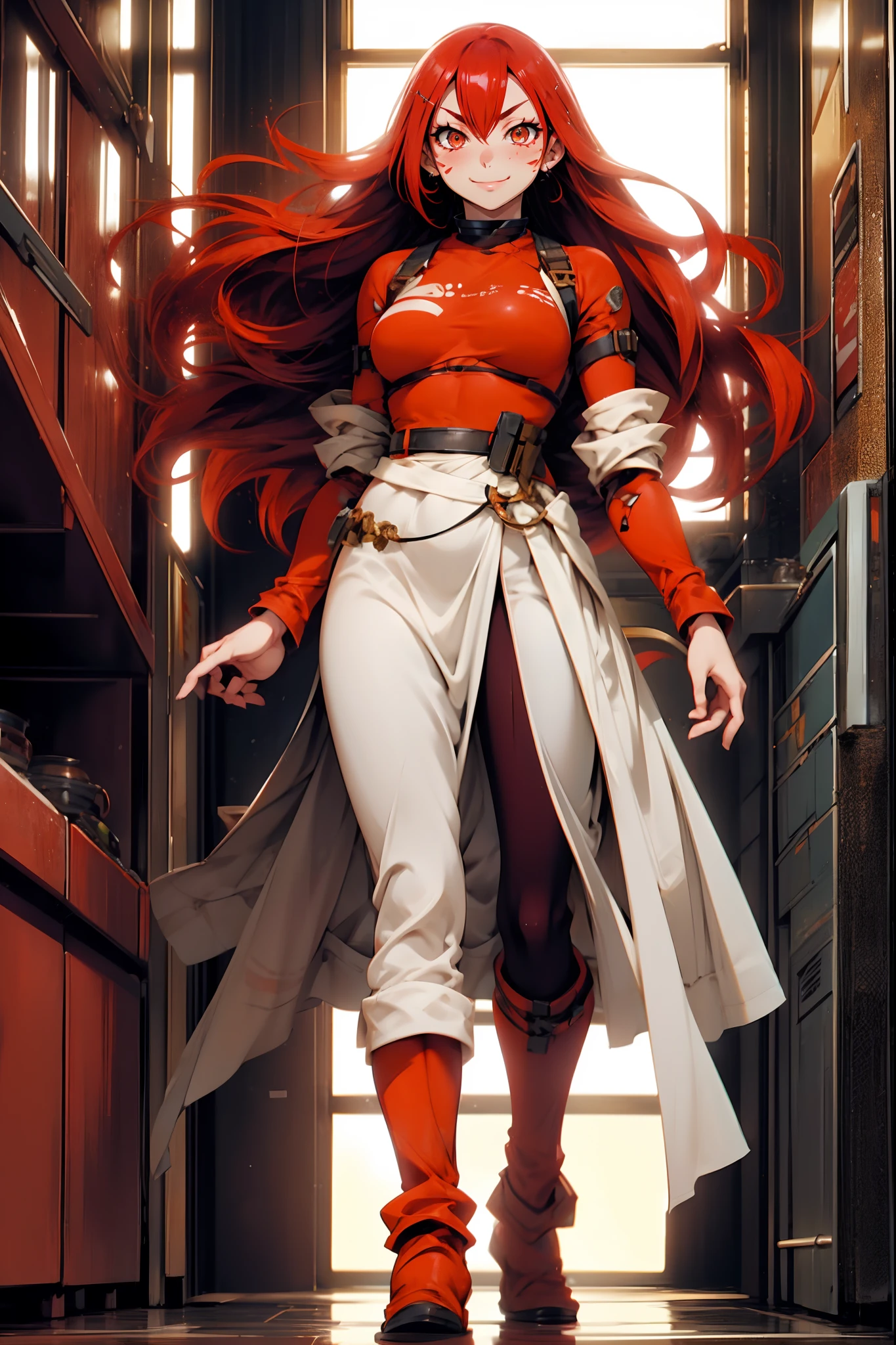 lava, red hair, orange eyes, prisoner cloths, medium breast, smile, facial mark, long hair, standing solo, full body, boots