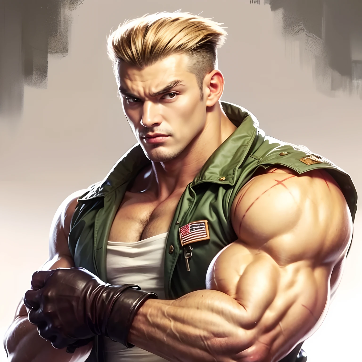 Man with brown hair, with muscular body, with tattoo American flag on the shoulder