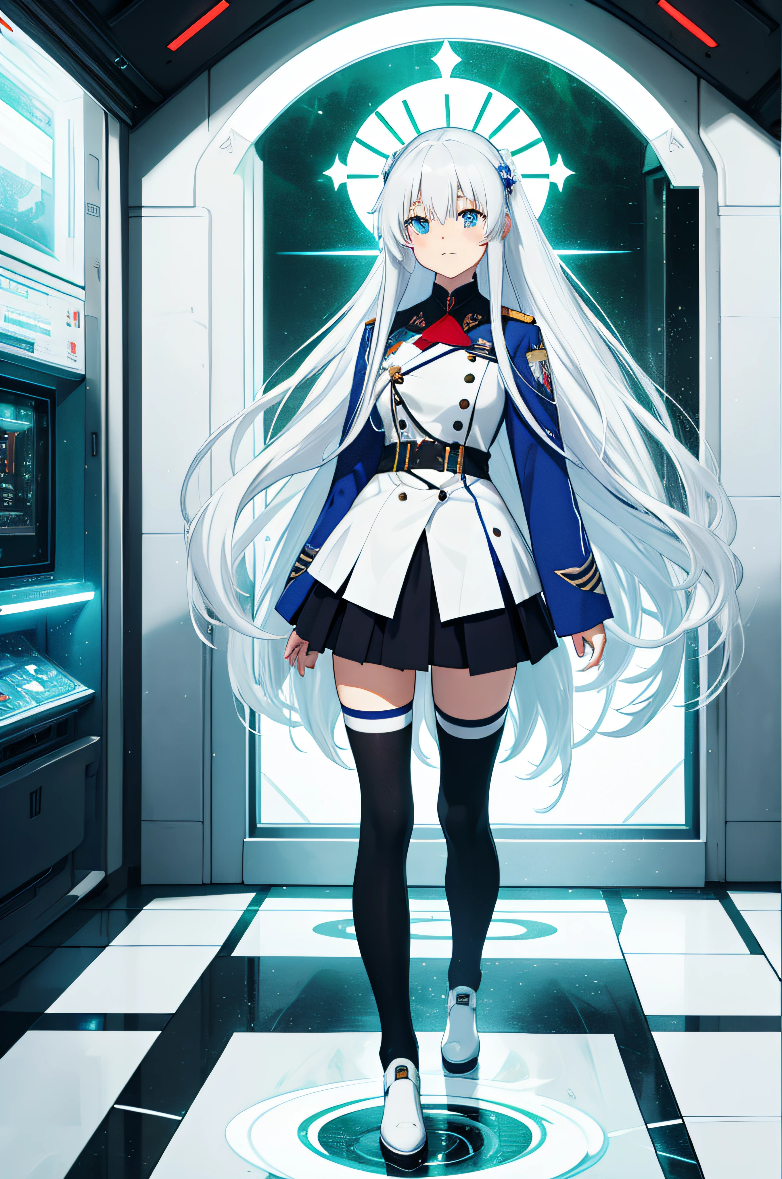 Anime girl in uniform,Long white hair and blue eyes, portrait anime space cadet girl, white-haired god, azur lane style, A scene from the《azur lane》videogame, akasuki voidstar, girls frontline universe, Official artwork, 《azur lane》role, Kantai collection style, official character art, White-haired, white haired Cangcang, Green Army Uniform Soviet Red Army Soviet Army Soviet Army Green Army Uniform