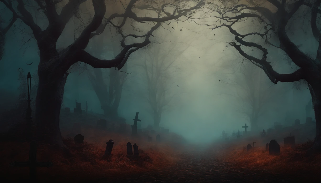 Wall Art Paint, dark gothic Halloween style Vintage. Dark Fog Forest Design with Graves of the Dead.