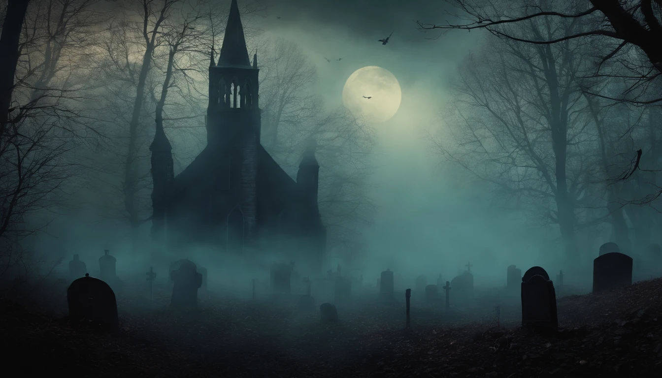 Wall Art Paint, dark gothic Halloween style Vintage. Dark Fog Forest Design with Graves of the Dead.